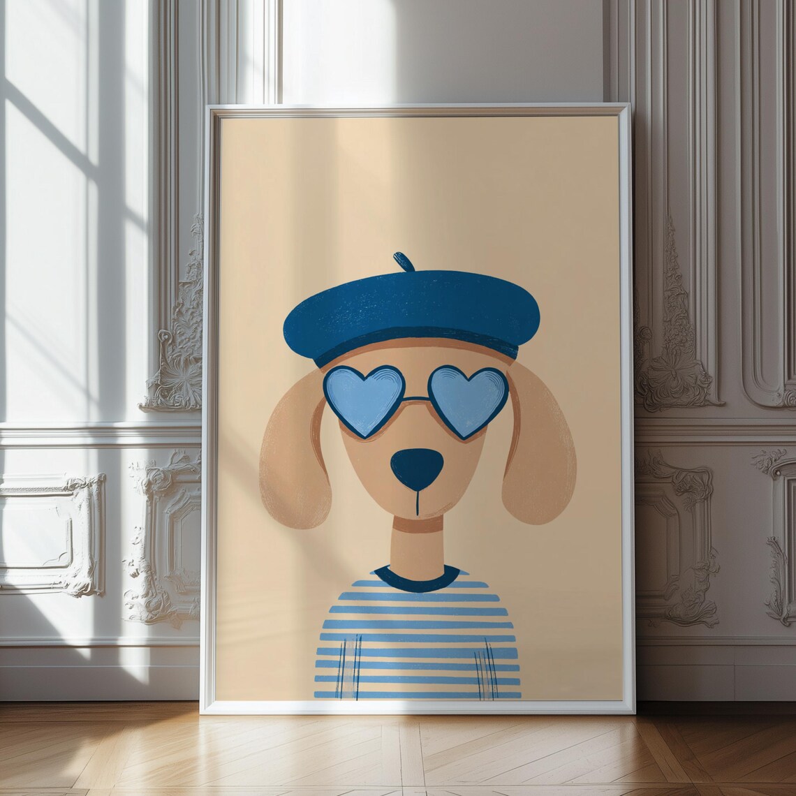 Chic Dog in Blue Beret Heart Sunglasses French Kids Art Poster