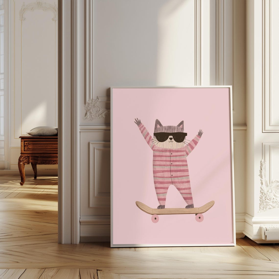 Cat in Pink Striped Pajamas Riding Skateboard Fun Kids Poster