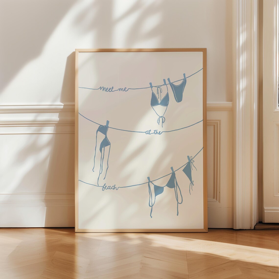 Meet Me At The Beach Blue Bikini Clothesline Line Art Summer Wall Poster