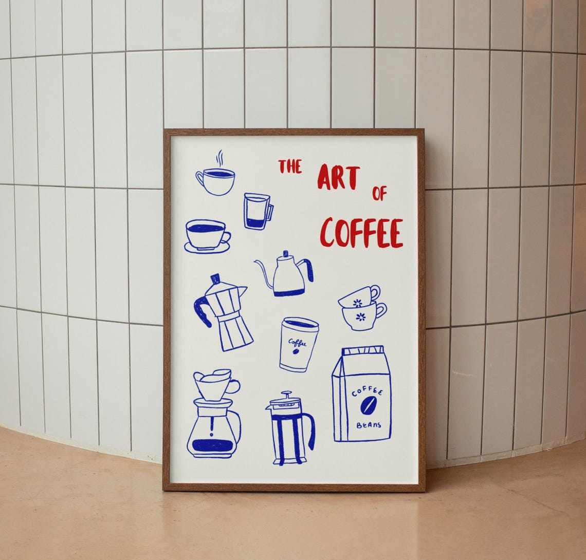 The Art of Coffee Illustrated French Press Moka Pot Blue Line Poster