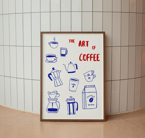 The Art of Coffee Illustrated French Press Moka Pot Blue Line Poster