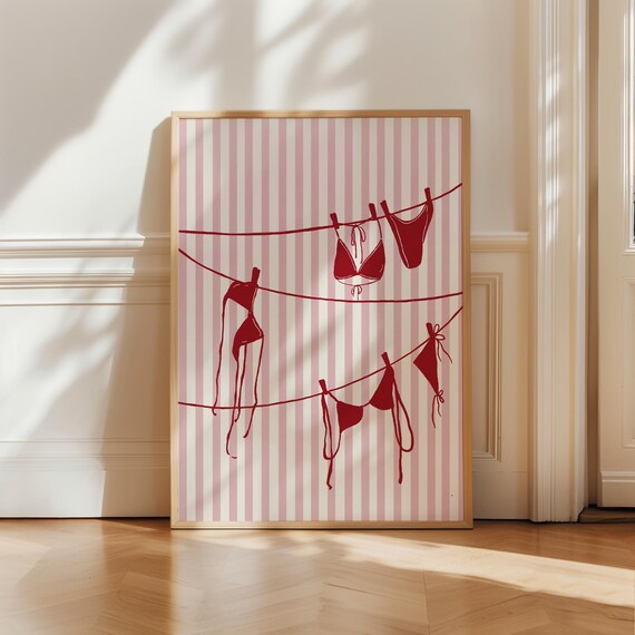 Red Bikinis Clothesline Striped Background Summer Beach Art Poster