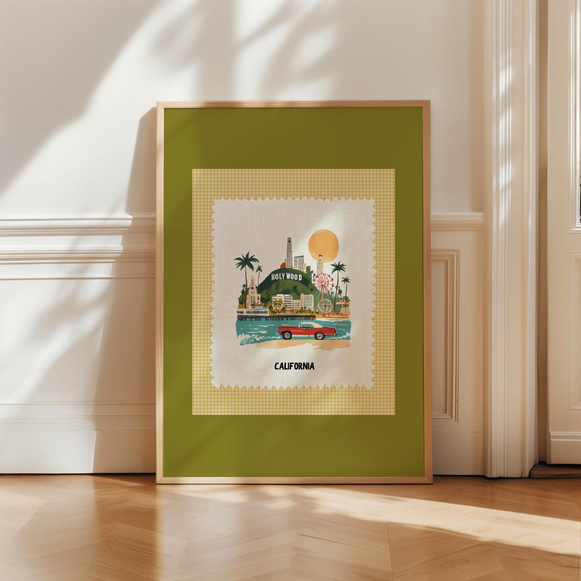 California Hollywood Beach Scene Vintage Postage Stamp Art Poster