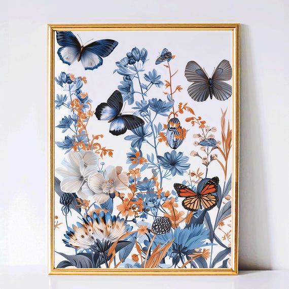 Botanical Room Decor Floral Garden Poster Flower Art Butterfly Print Butterfly Vibrant Painting Flower Boho Portrait