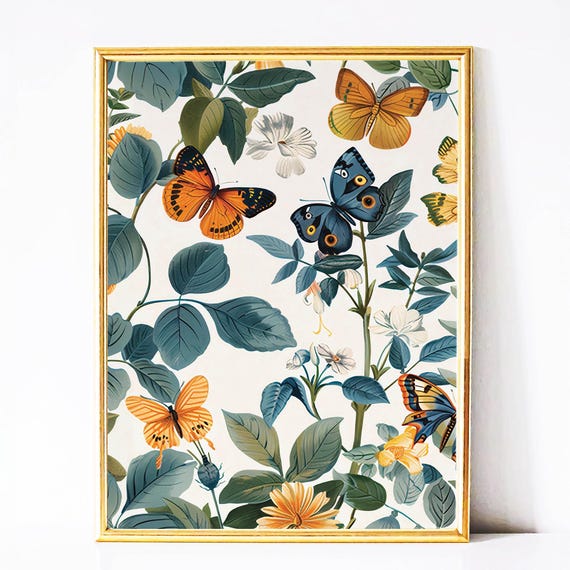 Floral Room Art Flower Home Decor Butterflies Colorful Painting Botanical Vintage Portrait Flower Print Floral Butterly Poster