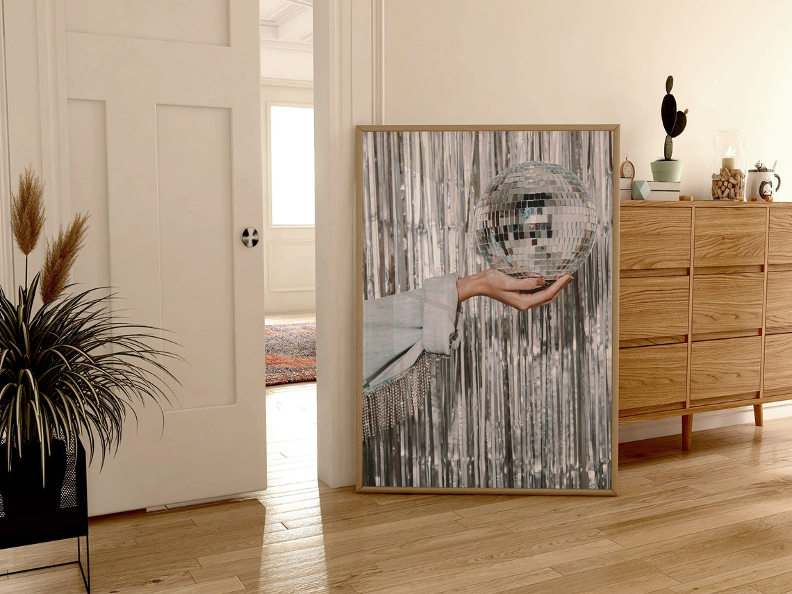 Hand Holding Disco Ball Silver Tinsel Curtain Party Photo Poster