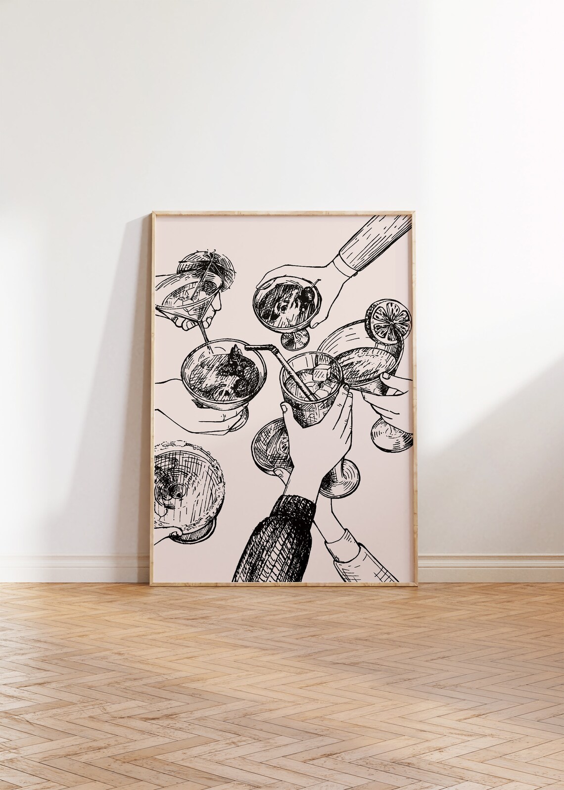 Black Ink Cheers Cocktail Hands Toast Line Art Retro Bar Cart Poster - Image 3