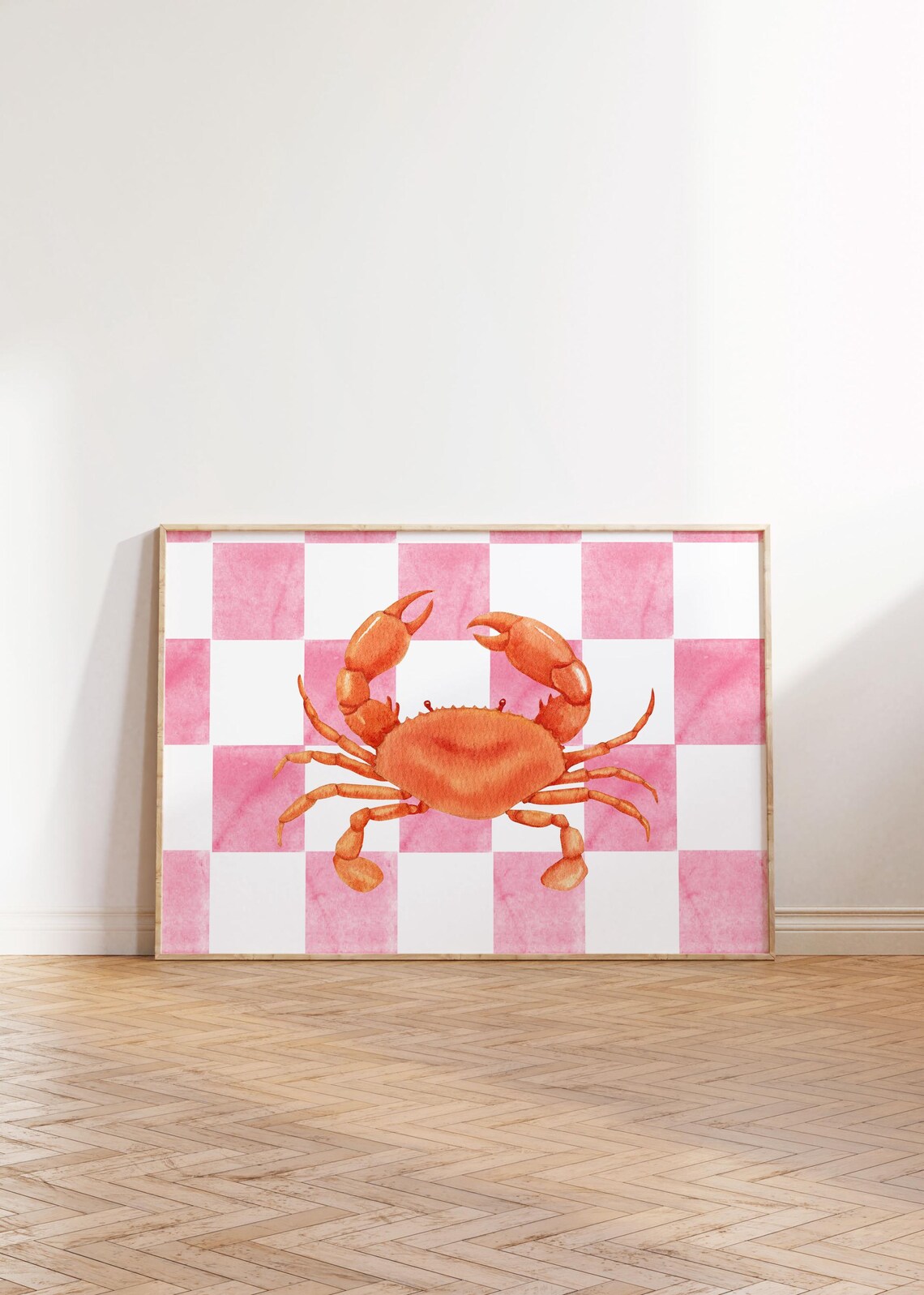 Orange Crab Pink White Checkerboard Coastal Watercolor Wall Art - Image 3