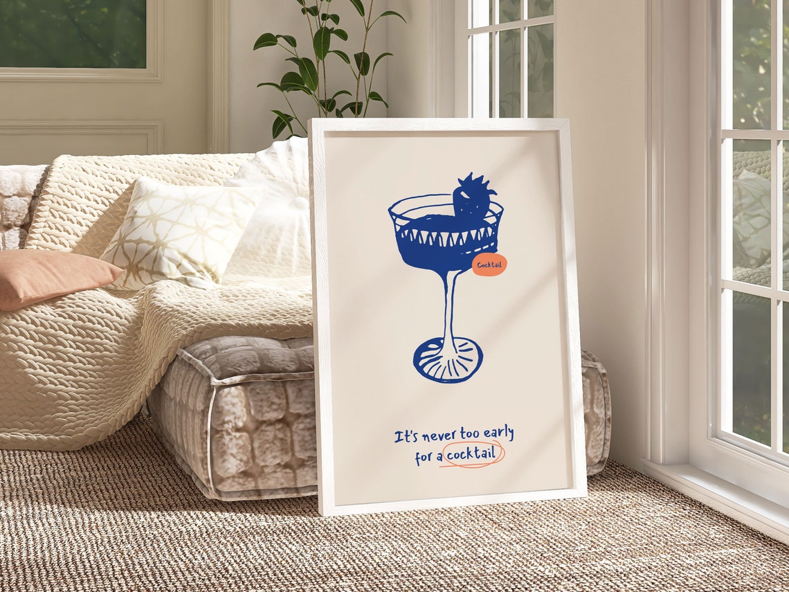 Navy Cocktail Coupe Blue Handwritten Bar Cart Quote Wall Art - Image 3