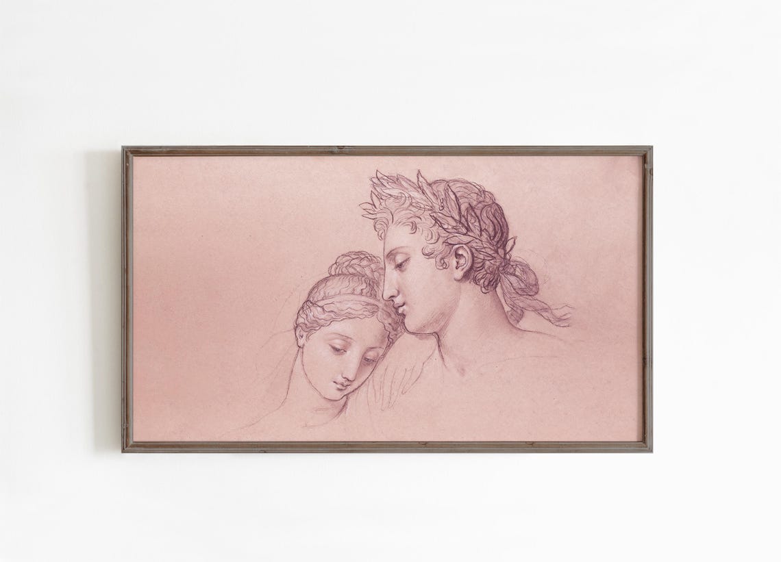 Vintage Classical Couple Sketch Pink Laurel Wreath Portrait Poster - Image 2