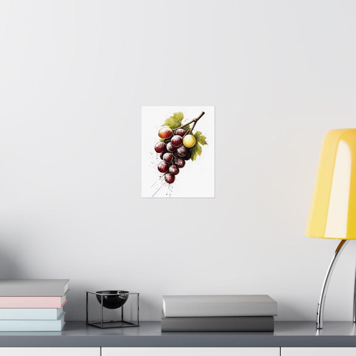 Dark Red Grape Cluster With Vine Leaves Watercolor Fruit Poster - Image 3