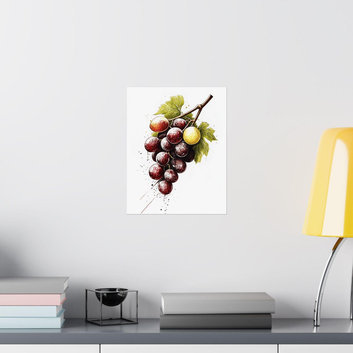 Dark Red Grape Cluster With Vine Leaves Watercolor Fruit Poster - Image 2
