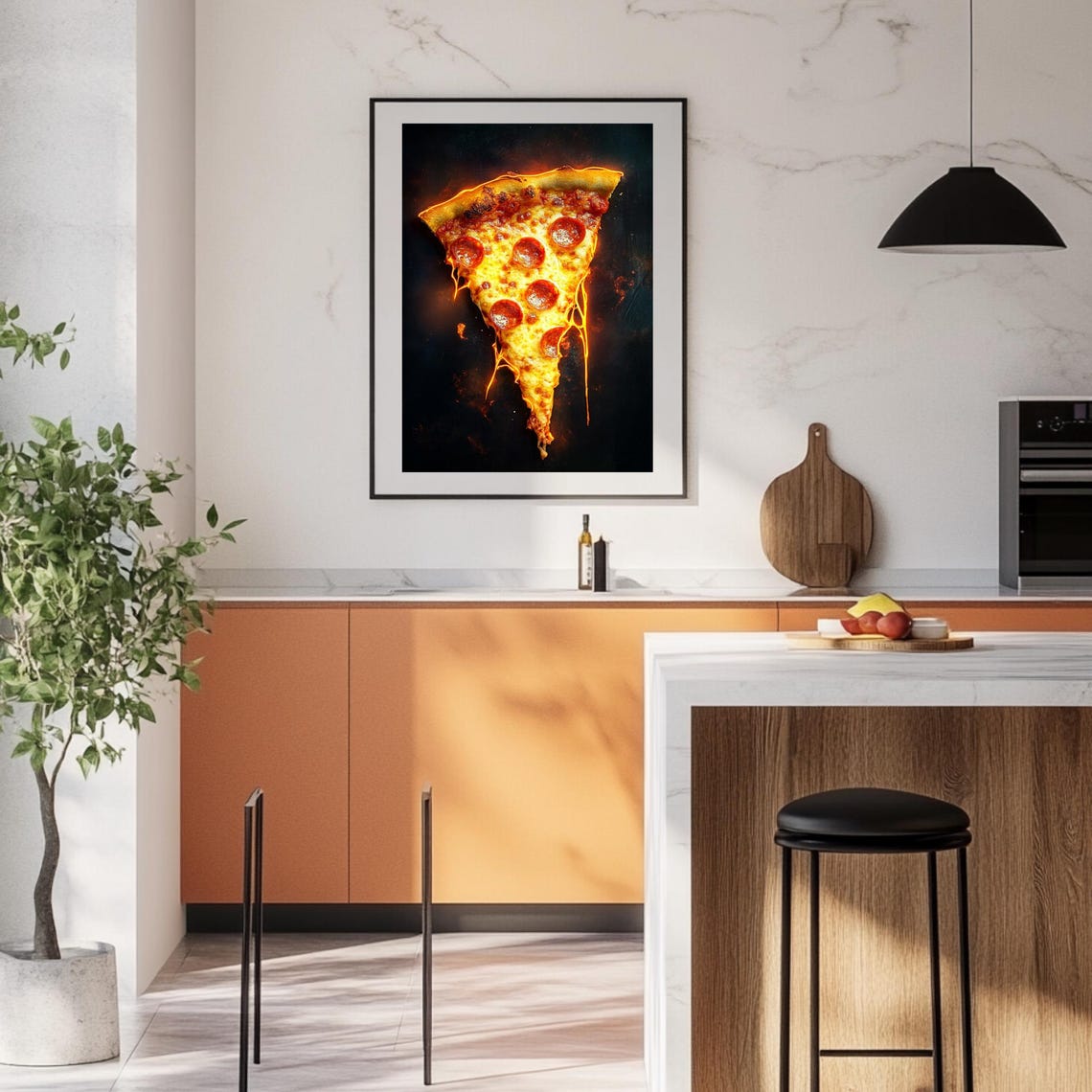 Glowing Pepperoni Pizza Slice Floating on Black Background Poster - Image 2