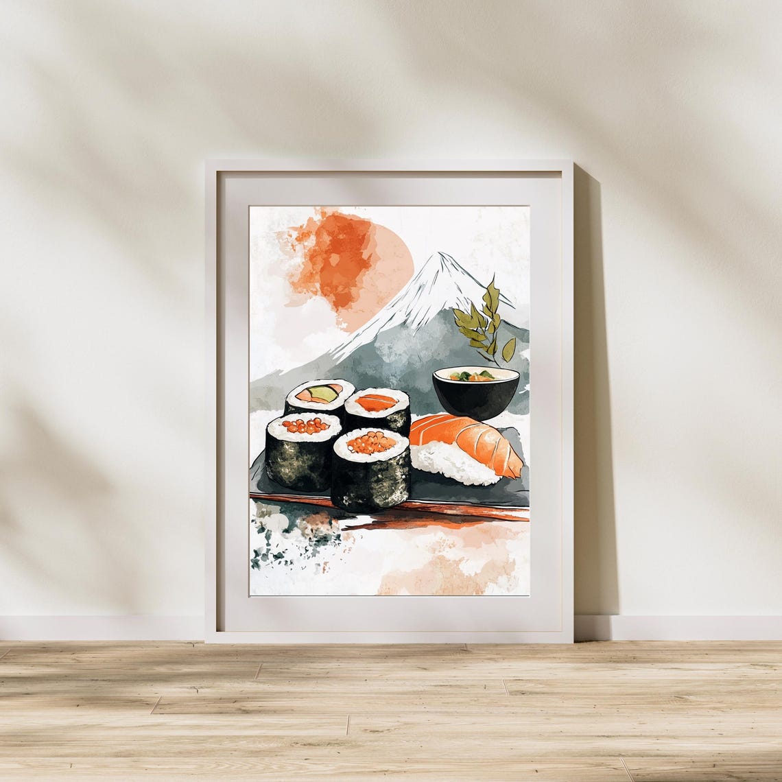Sushi Watercolor With Mount Fuji Rising Sun Kitchen Art Poster - Image 3