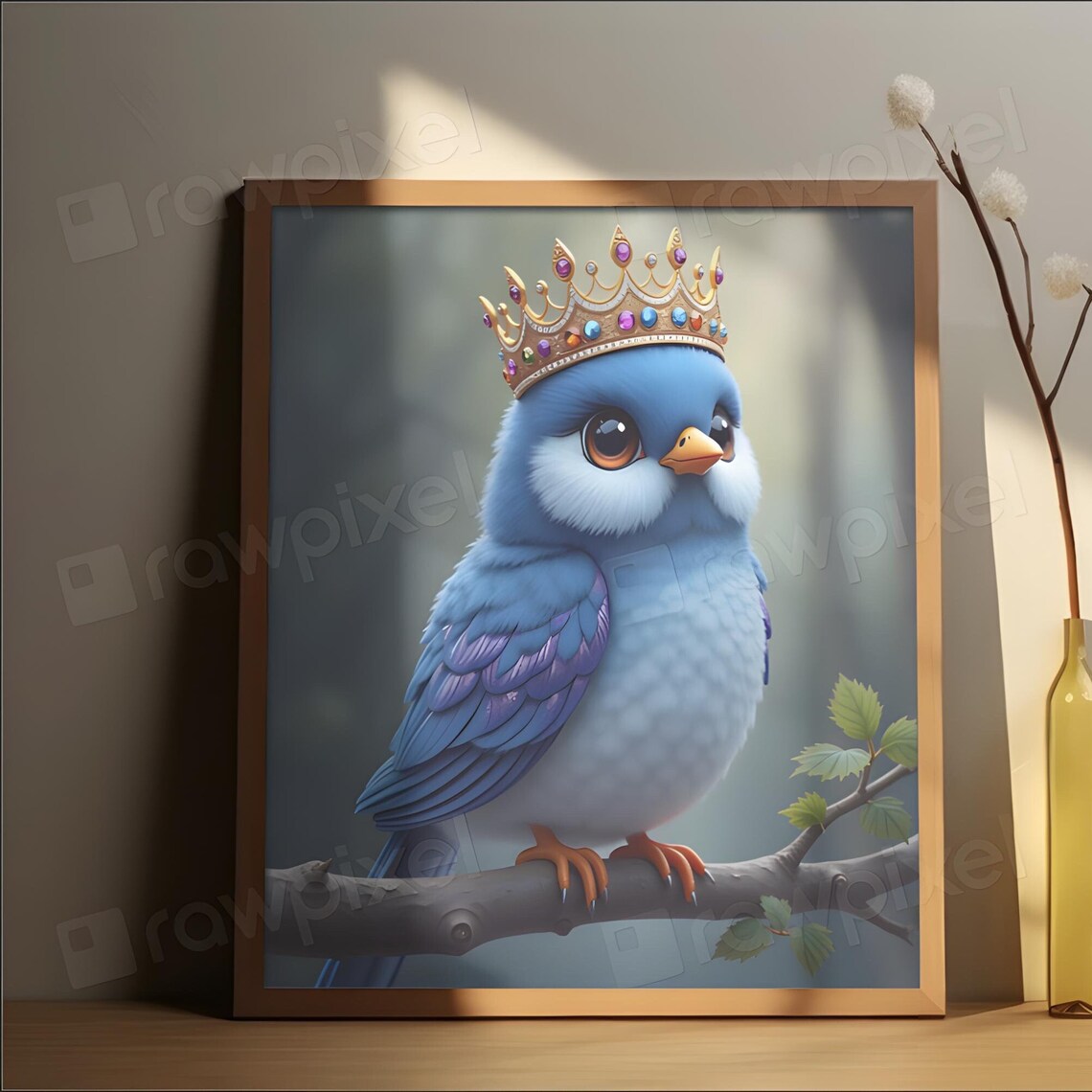 Adorable Bluebird Wearing a Jeweled Golden Crown on a Branch Poster
