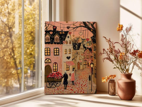 Pink Valentines Town Print Cute Valentines Day Wall Art Valentines Day Decor Romantic Valentines Gift