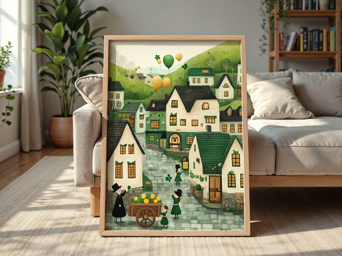 St Patrick's Green Village Street Shamrocks Gold Coins Scene Poster - Image 2