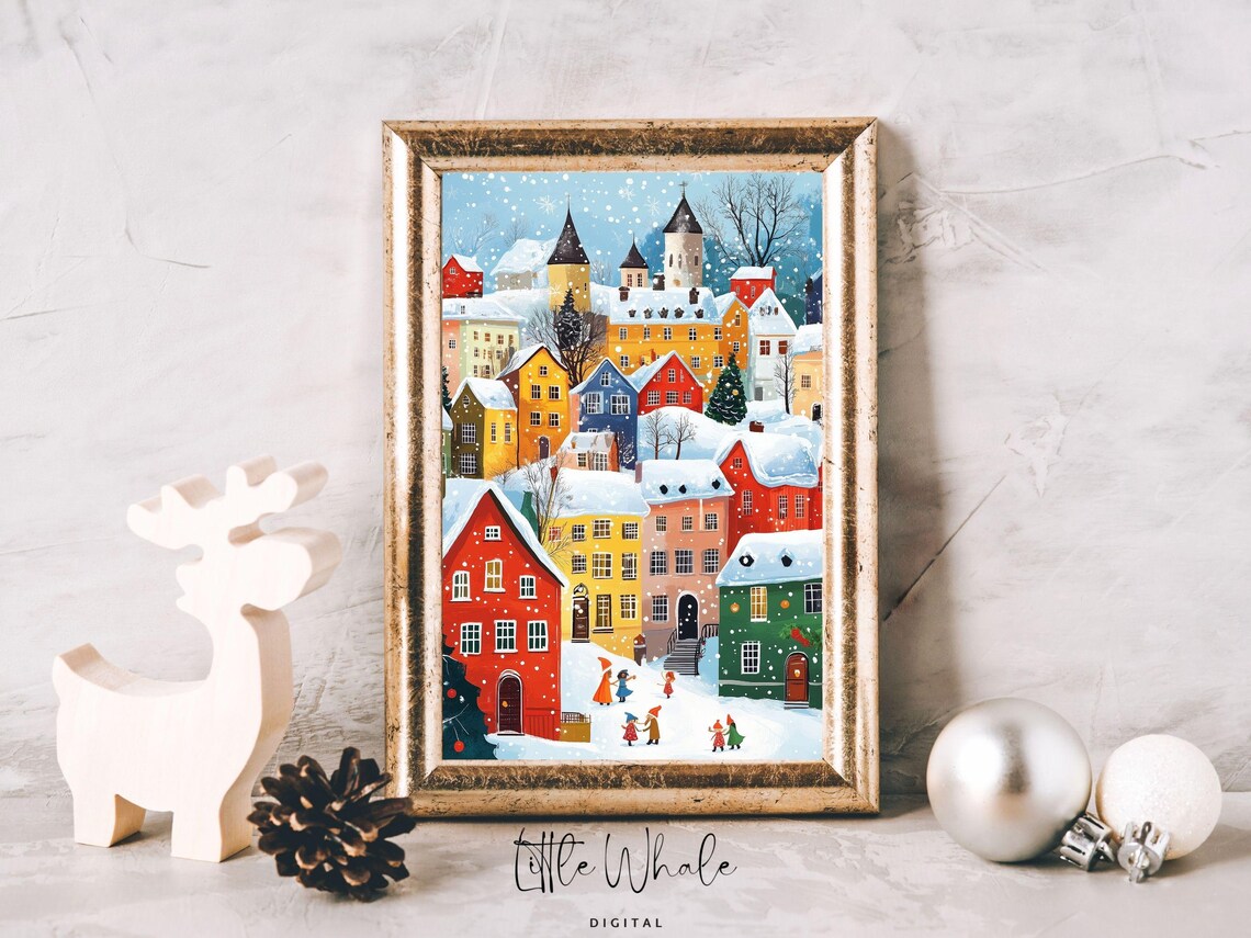Snowy Christmas Town Colorful Houses Kids in Snow Holiday Poster - Image 2