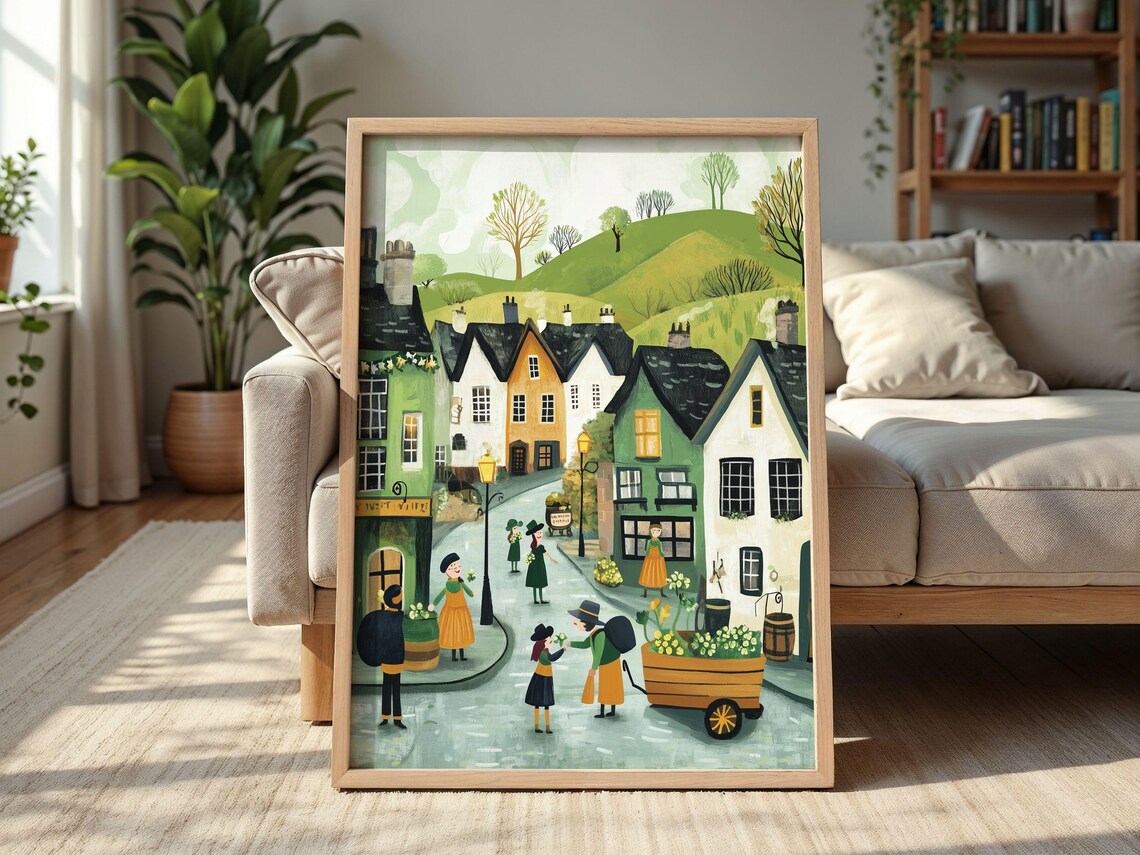 St Patrick's Town Street Flower Cart Green Hills Scene Poster - Image 2