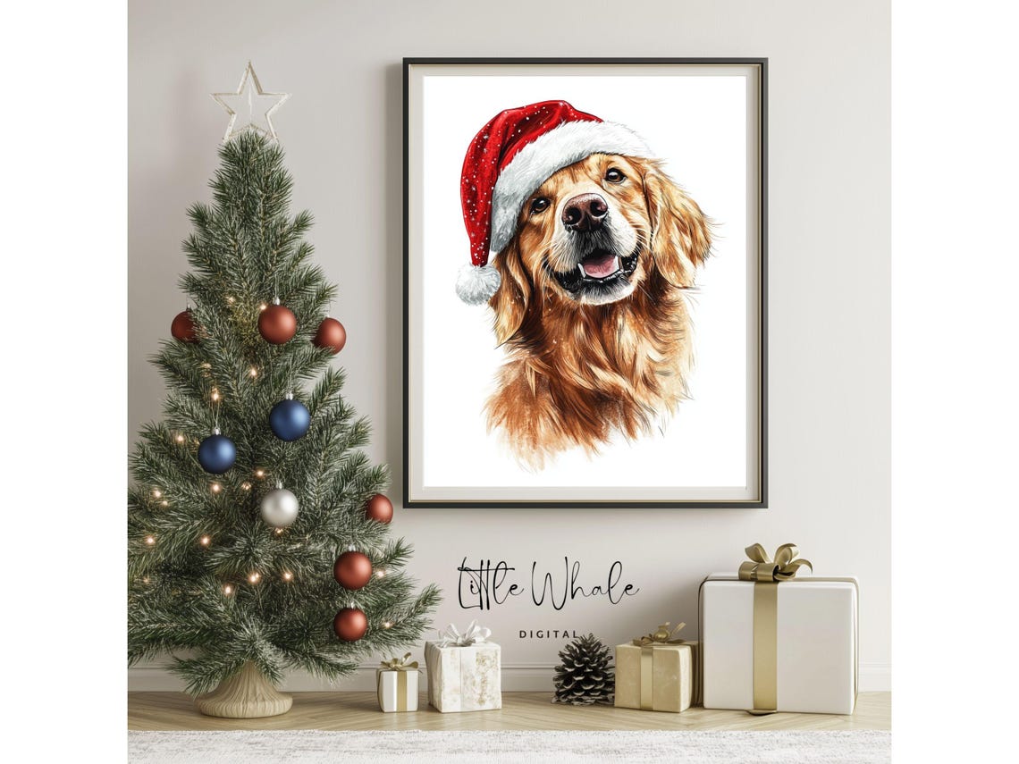 Happy Golden Retriever with Santa Hat Joyful Holiday Dog Art Print - Image 3