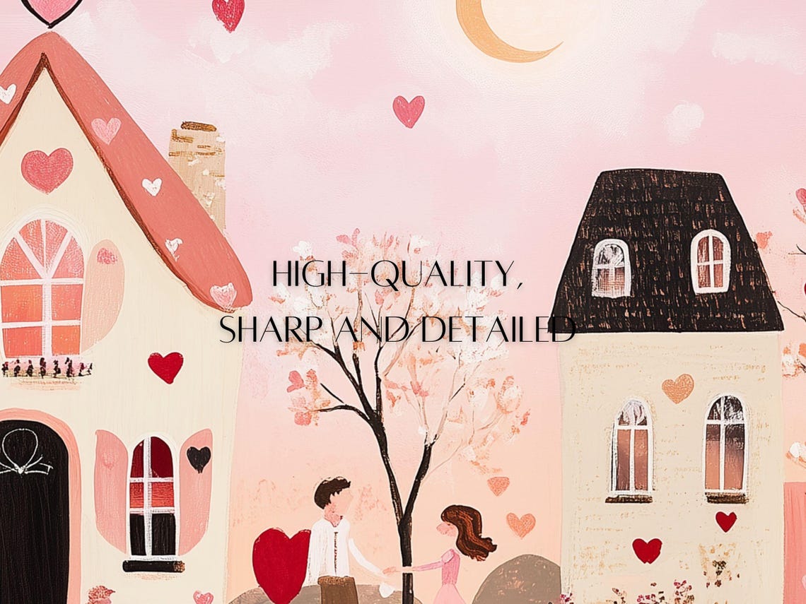 Valentine's Village at Dusk Couple Under Crescent Moon Hearts Poster - Image 3
