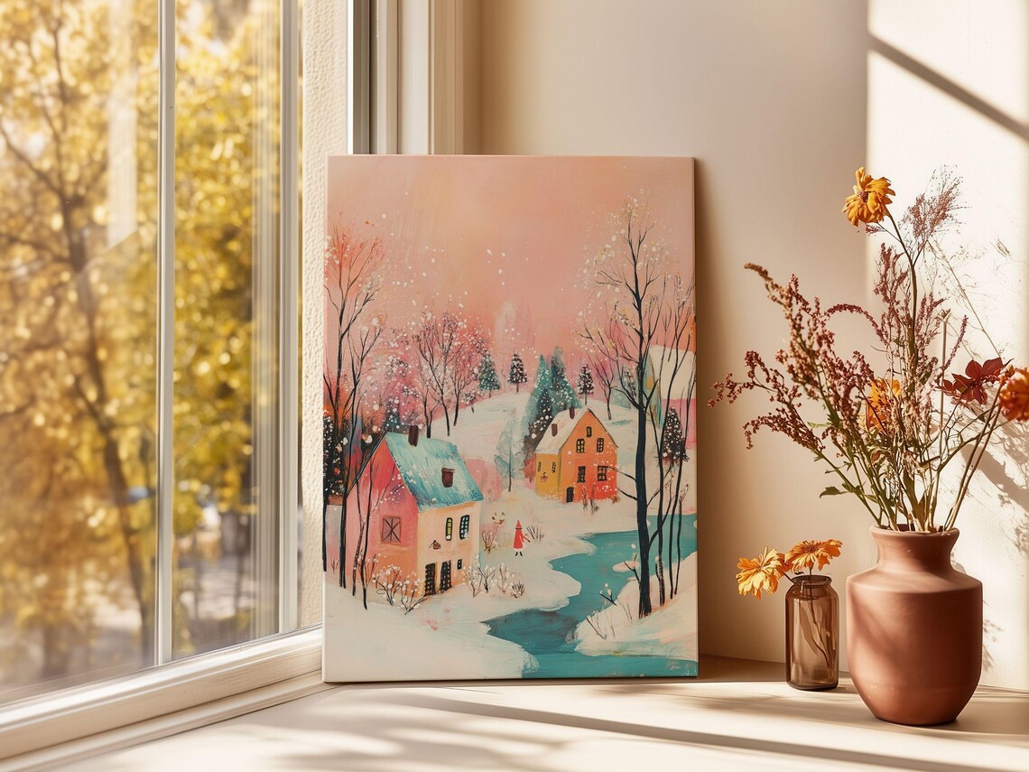 Dreamy Snowy Winter Village With Pink Sky And Frozen Creek Poster