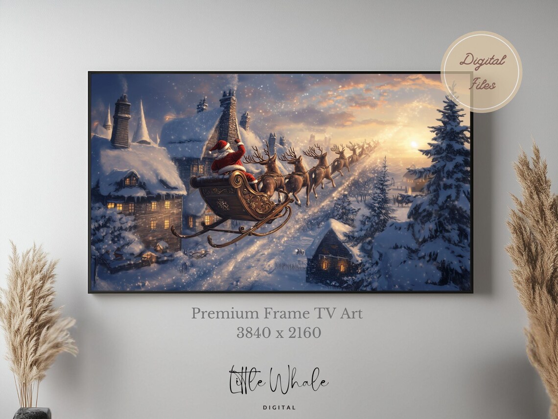 Santa Claus Flying Sleigh Over Snowy Village at Sunset Holiday Poster