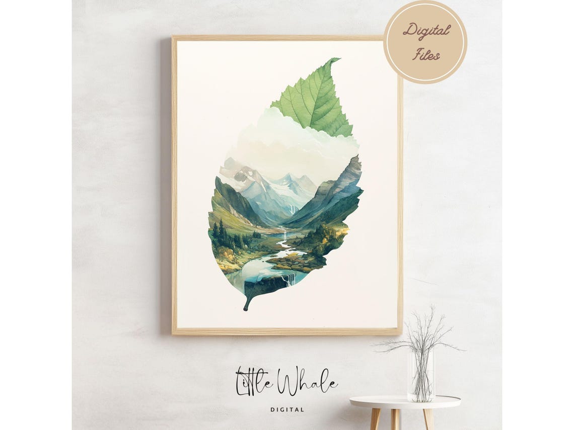 Green Leaf With Mountain River Valley Landscape Watercolor Art Poster