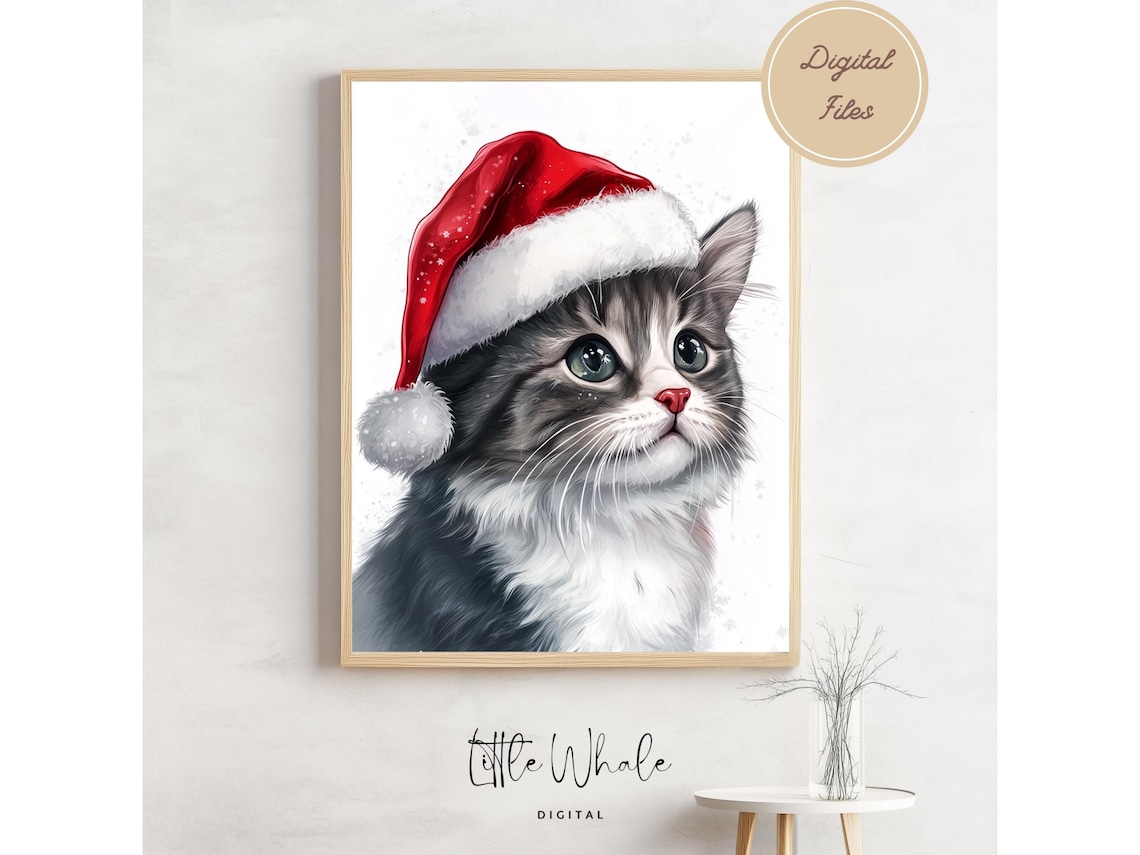 Fluffy Gray and White Cat in Santa Hat Sweet Holiday Art Print