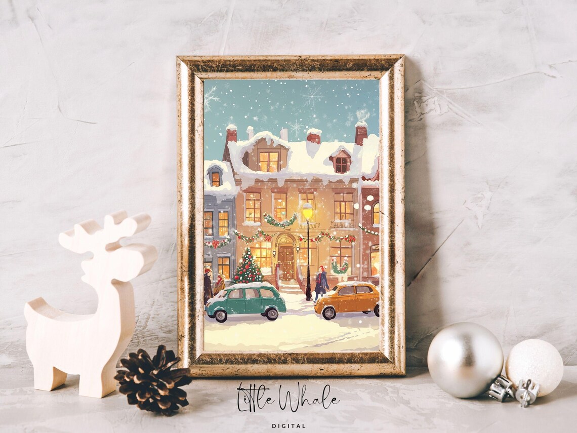 Snowy European Street with Vintage Cars and Christmas Garlands Poster - Image 2