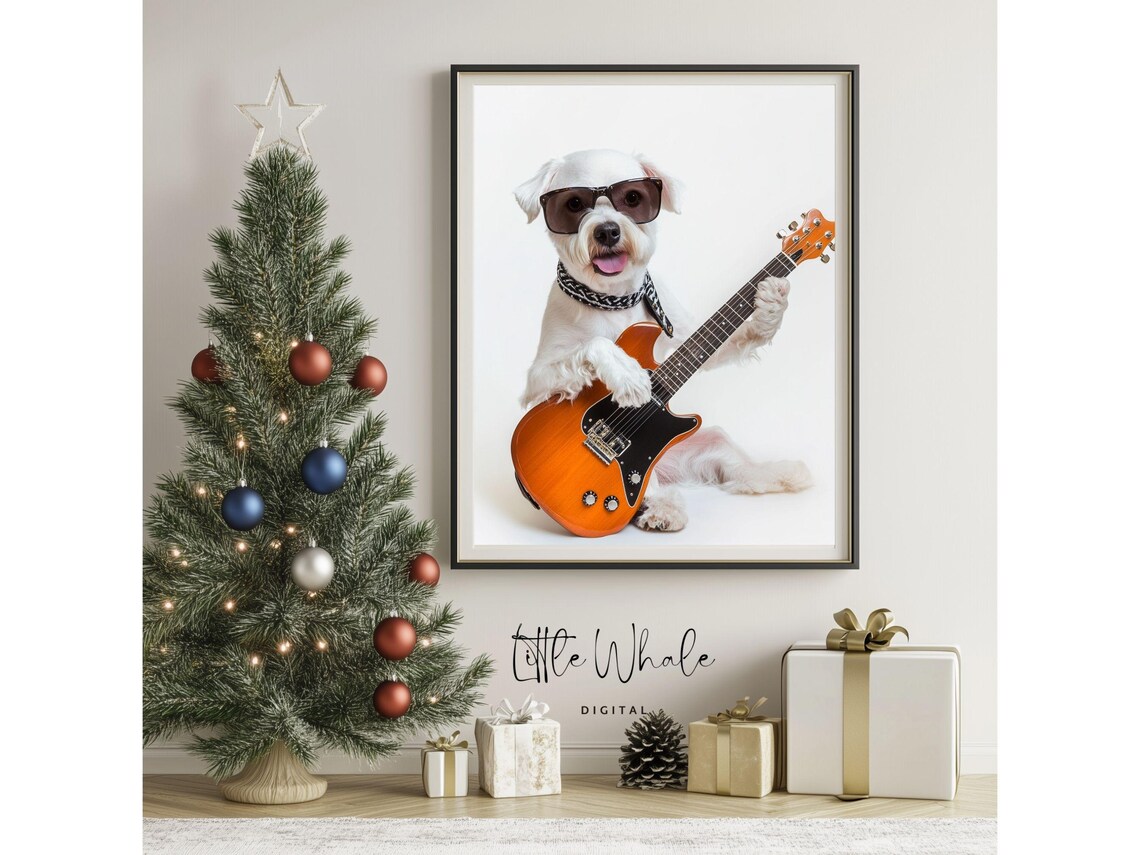 Funny White Dog Playing Electric Guitar Wearing Sunglasses Poster - Image 3