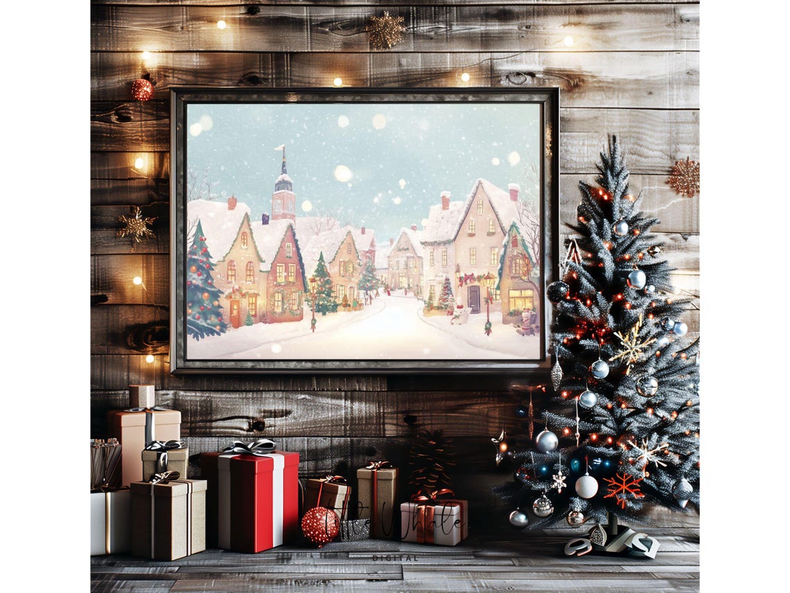 Pastel Christmas Village Street with Clock Tower and Snowfall Poster - Image 2