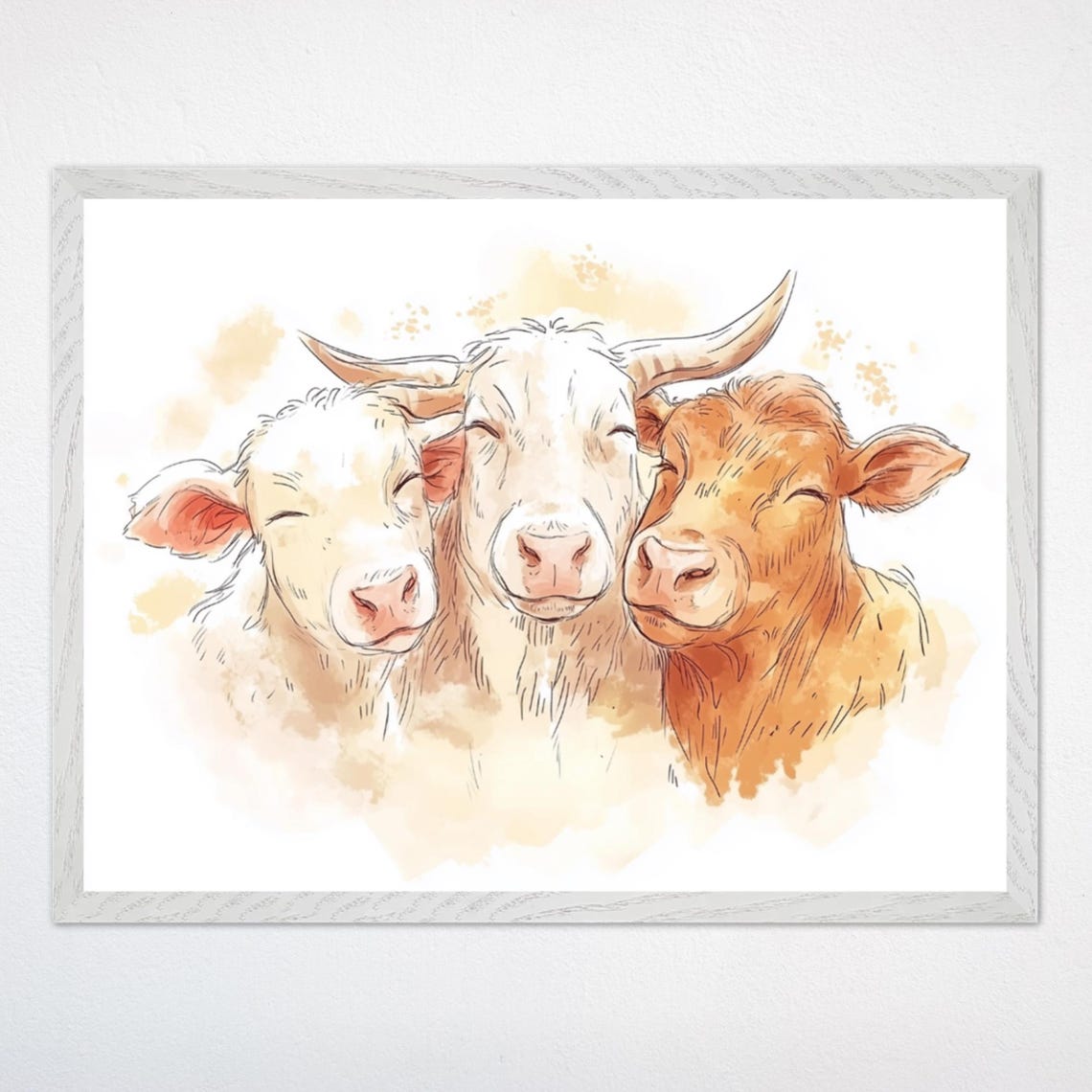 Three Smiling Cows Watercolor Farm Friends Nursery Kids Room Poster