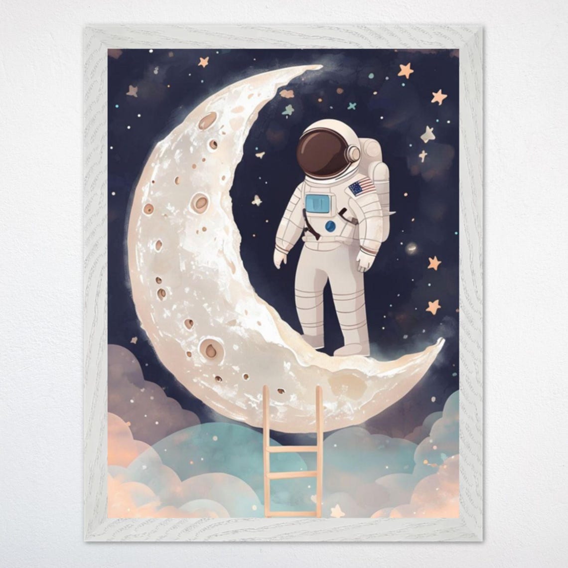 Astronaut Standing On A Crescent Moon With Ladder Nursery Poster