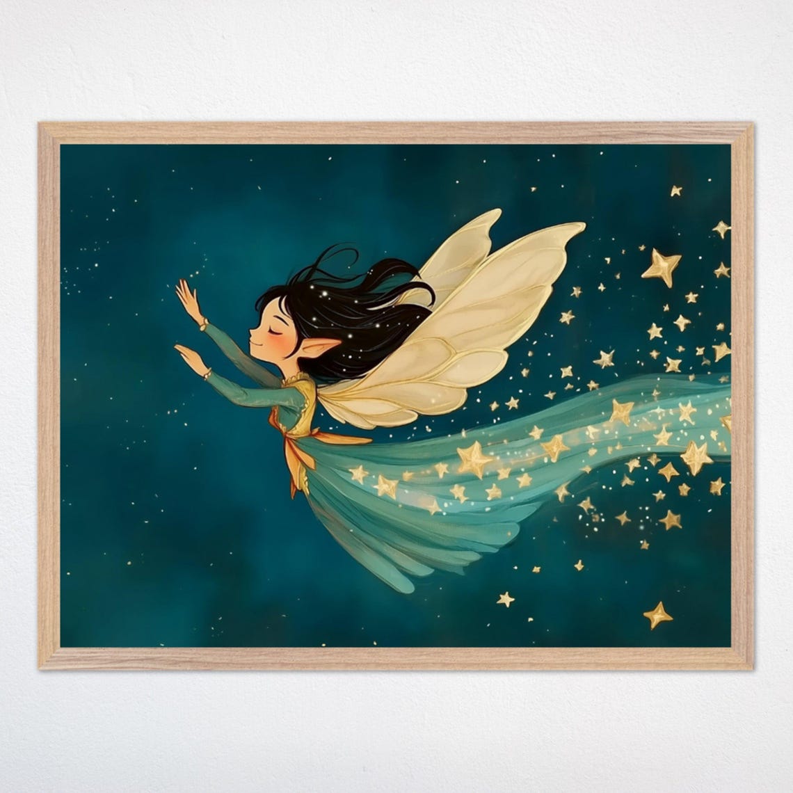 Fairy Flying Through A Starry Teal Night Sky With Golden Wings Poster