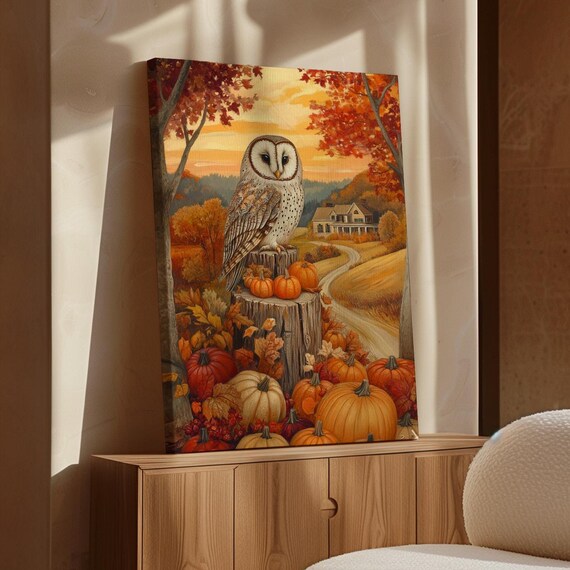 Barn Owl Perched On Stump Among Pumpkins Autumn Farm Scene Wall Art