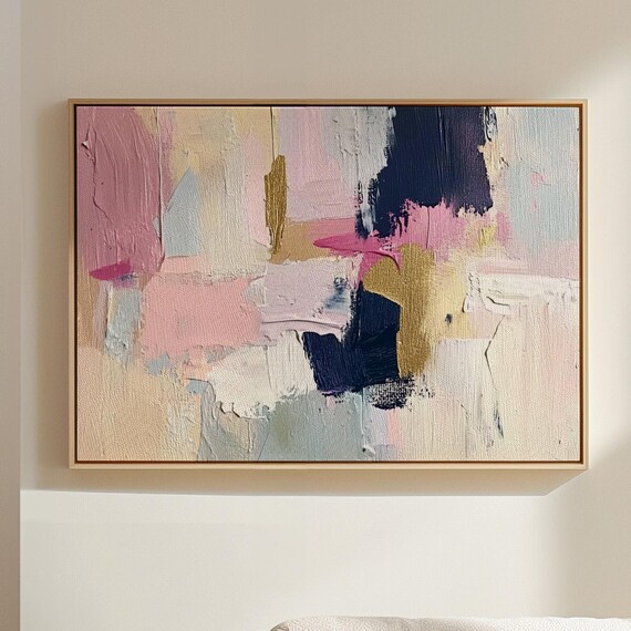 Pastel Abstract Wall Art Pink Navy And Gold Modern Textured Painting For Contemporary Home Decor