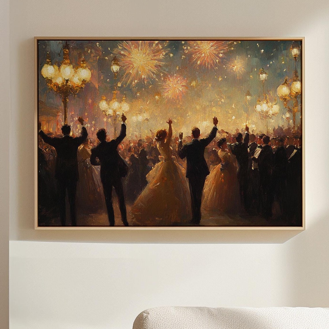 Grand Celebration Crowd Cheering Under Fireworks And Lanterns Wall Art