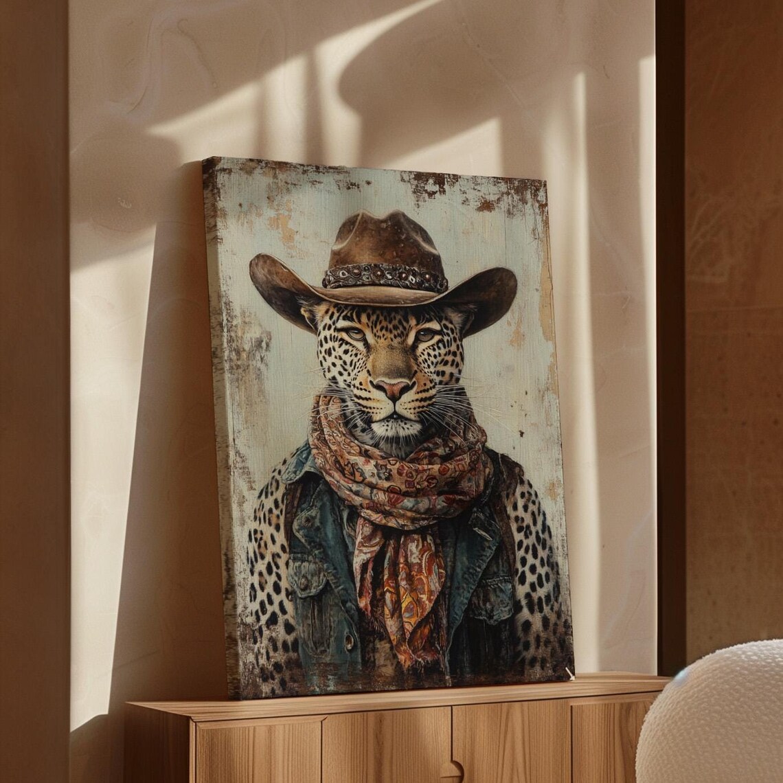 Western Leopard Portrait Cowboy Hat Bandana Vintage Style Poster