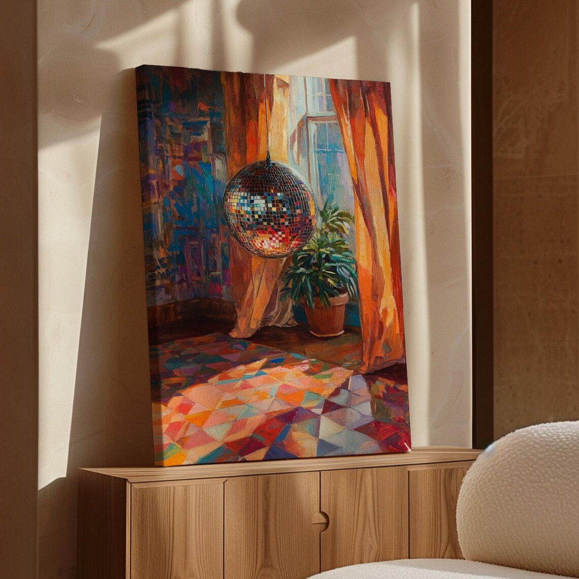 Disco Ball Hanging in a Sunlit Room With Colorful Mosaic Floor Poster