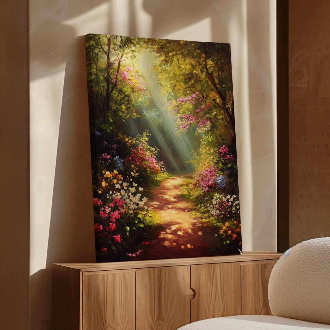 Golden Forest Path Art Print, Sunlit Woodland Scene