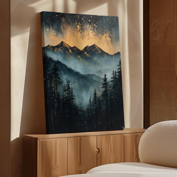 Golden Mountain Glow Misty Forest Landscape, Starry Sky