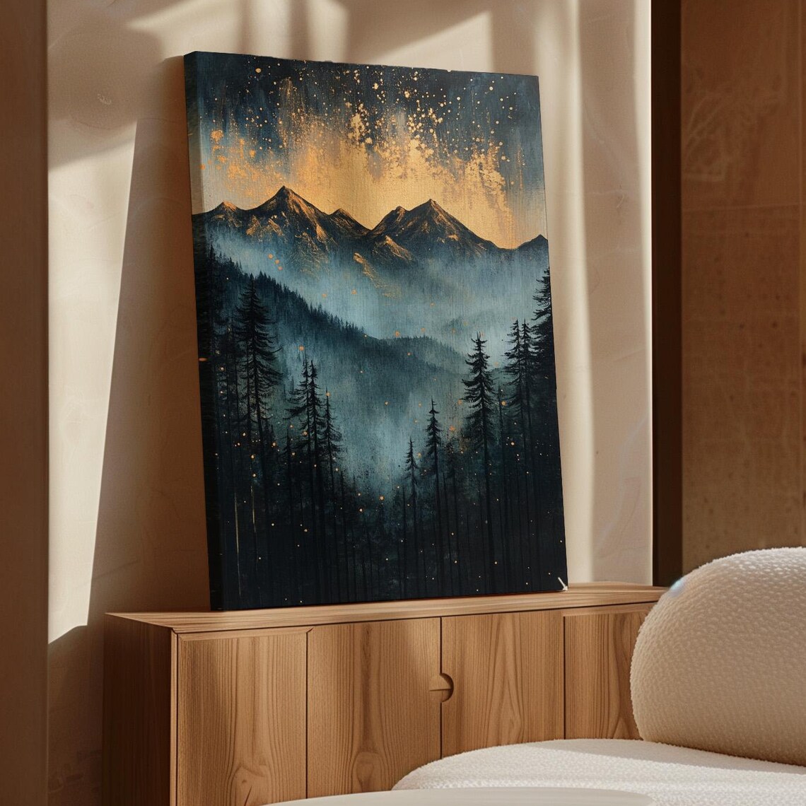 Golden Mountain Glow Misty Forest Landscape, Starry Sky