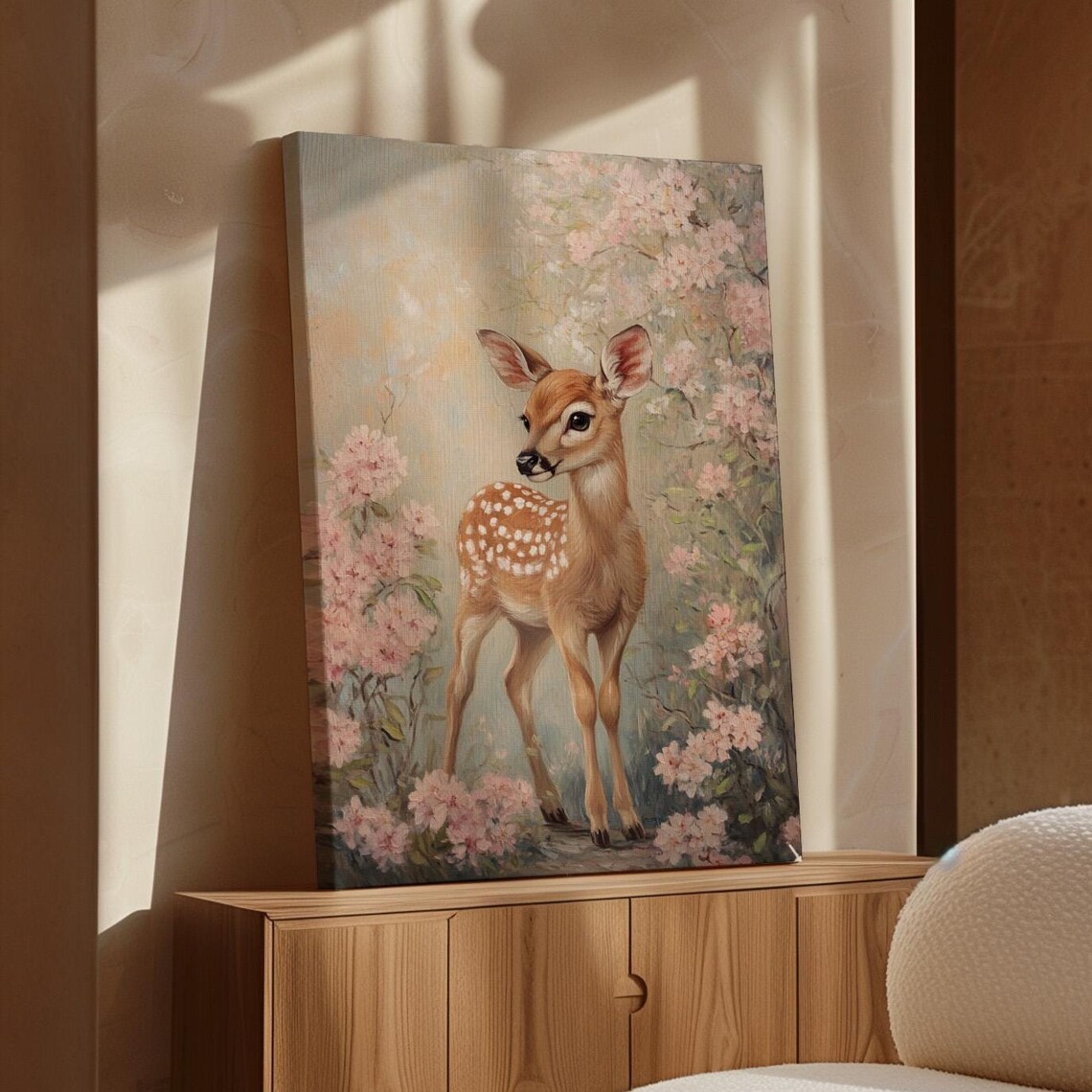 Spotted Fawn Standing Pink Blossom Branches Vintage Woodland Poster