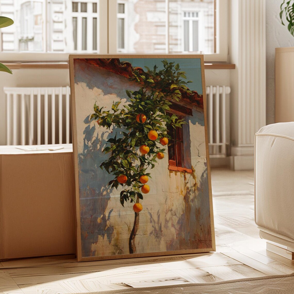 Sunlit Orange Tree Against Rustic Wall Oil Painting Art Poster