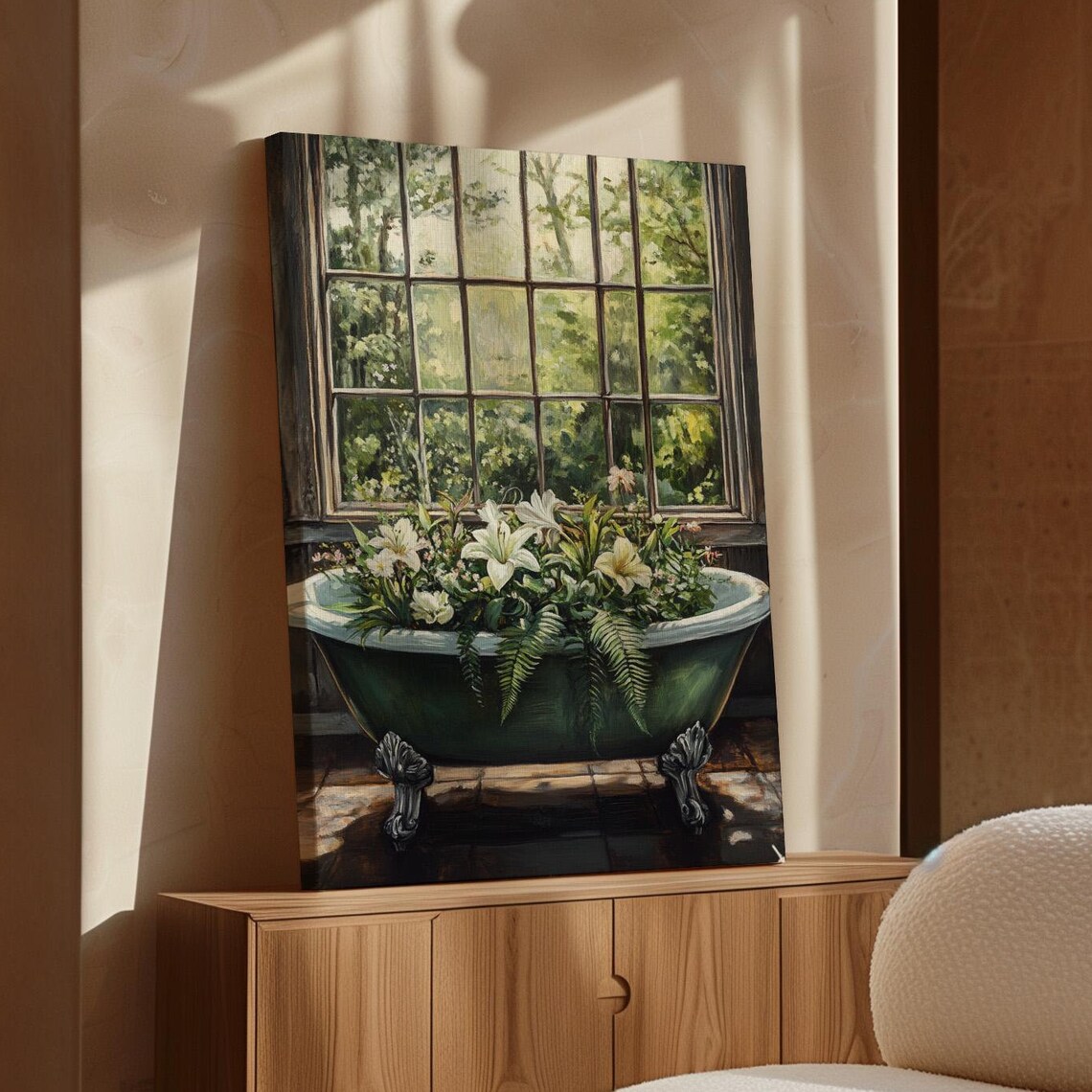 Vintage Green Bathtub Full Of Lilies Ferns Garden Window Wall Art