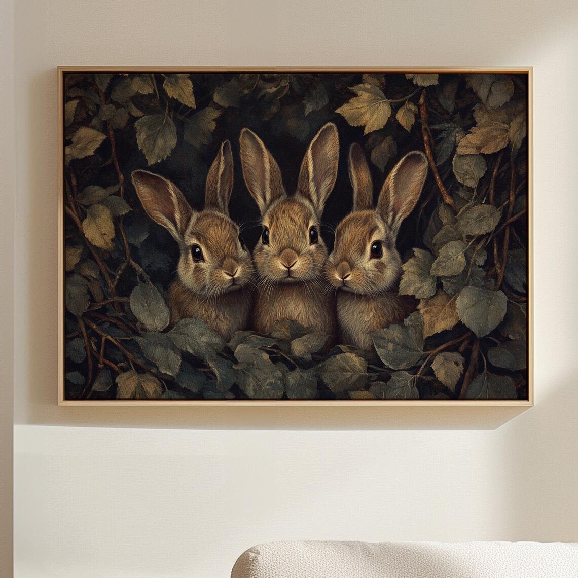 Three Baby Bunnies Peeking Through Dark Woodland Foliage Poster