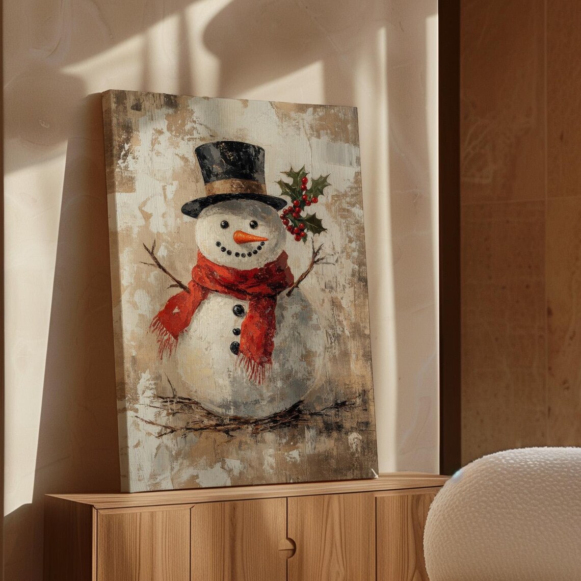 Vintage Snowman With Top Hat Red Scarf And Holly Berries Rustic Poster