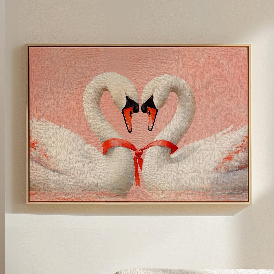 White Swans Forming Heart With Red Ribbon Romantic Painting Poster