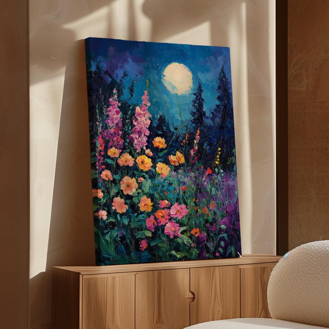 Moonlit Wildflower Meadow Full Moon Floral Night Landscape Poster